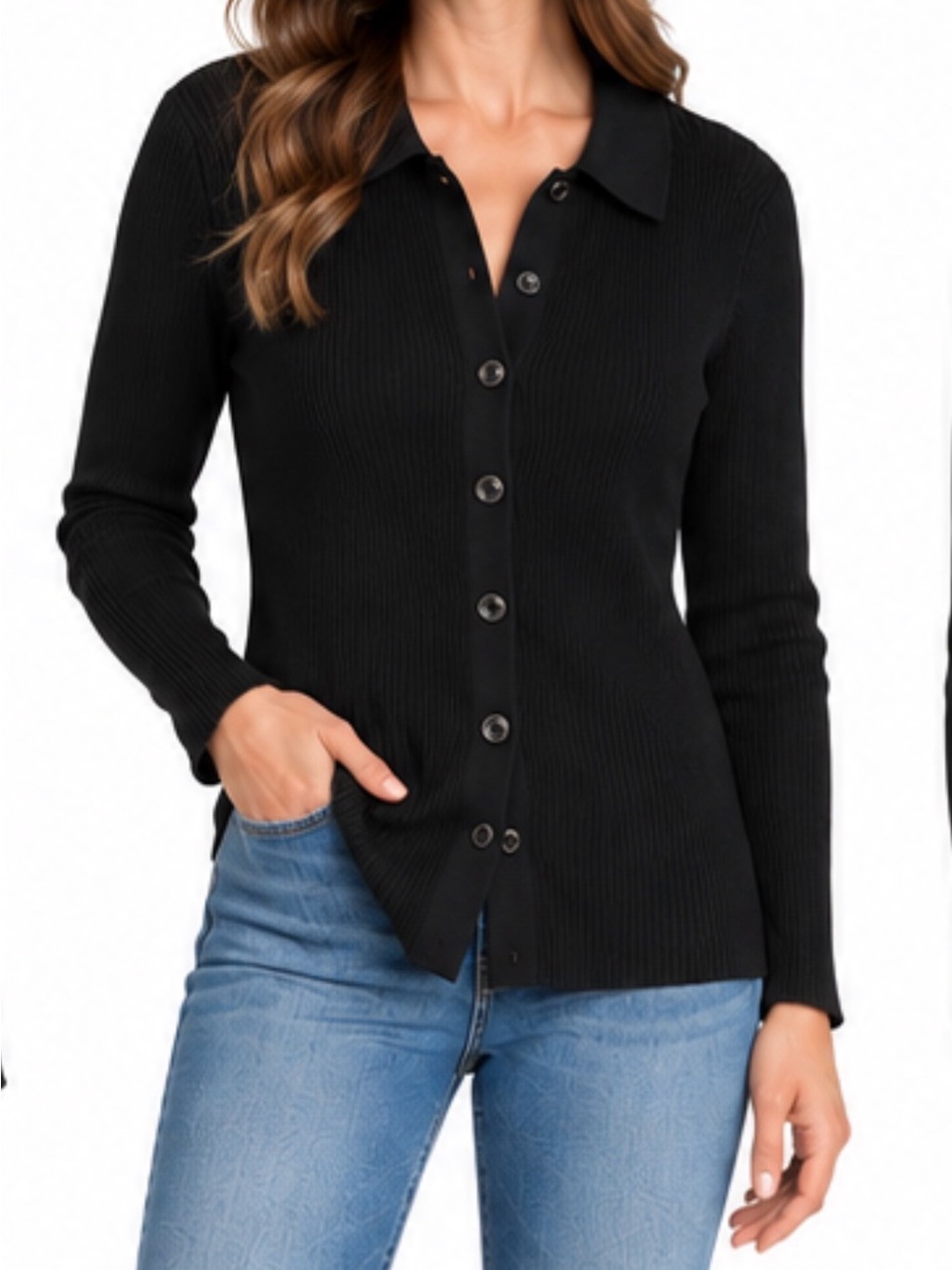 Black Ribbed Button-Front Women's Cardigan
